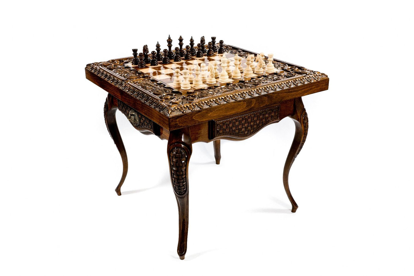 Close-up of the reversible chess and backgammon board on the 'Opulent Dual-Play' table, highlighting intricate inlay work.
