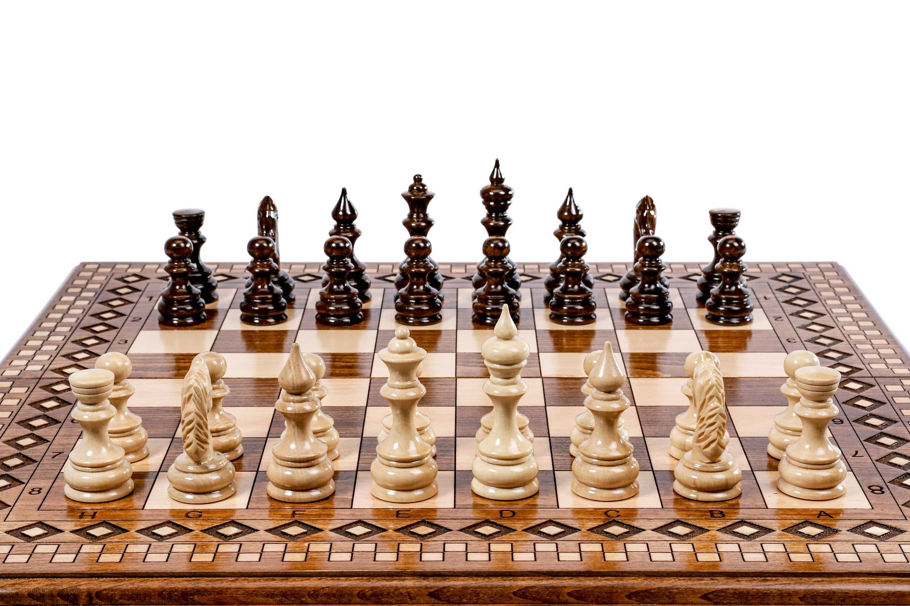Experience the cultural beauty of a wooden chess set, adorned with Armenian carpet patterns for a truly unique and visually stunning game.