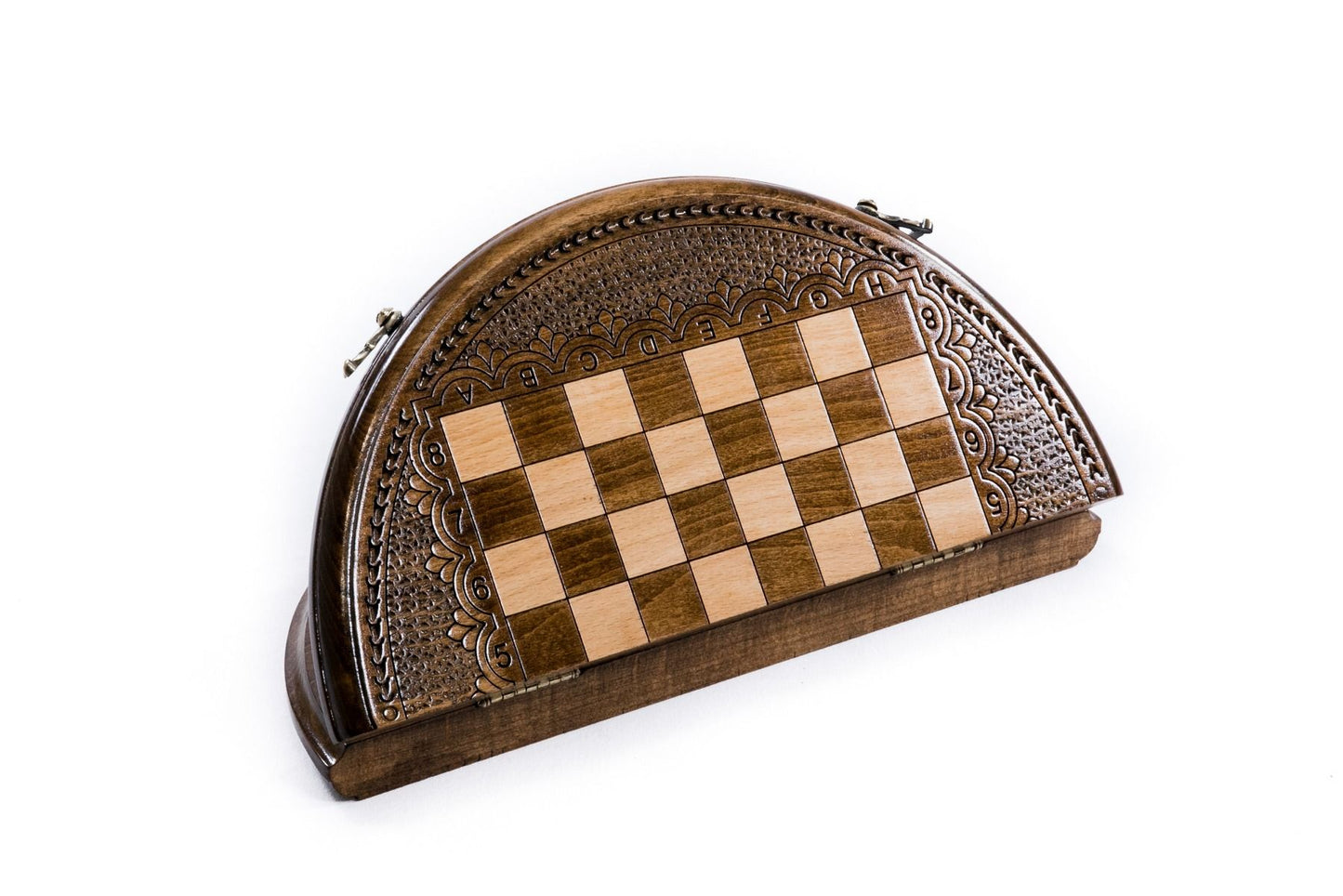 Engage in the art of strategy with a unique wooden chess set, featuring a circular board that challenges traditional gameplay.