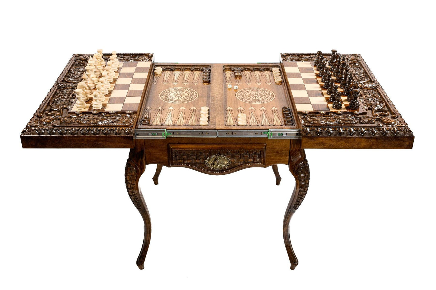 Full view of the 'Opulent Dual-Play' luxury chess and backgammon table set in a lavish interior, ideal for sophisticated gaming.