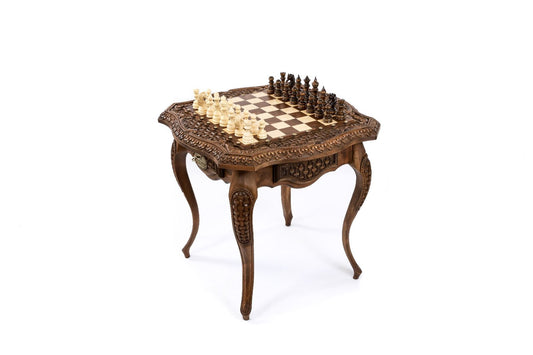 ImperialChess's 'Artisan Crafted' handmade wooden chess table, featuring detailed hand-carvings and artisanal design.