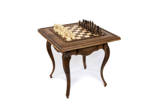 Luxury chess table 'Regal Square' with elegant square outline, showcasing premium wood craftsmanship and metal accents.