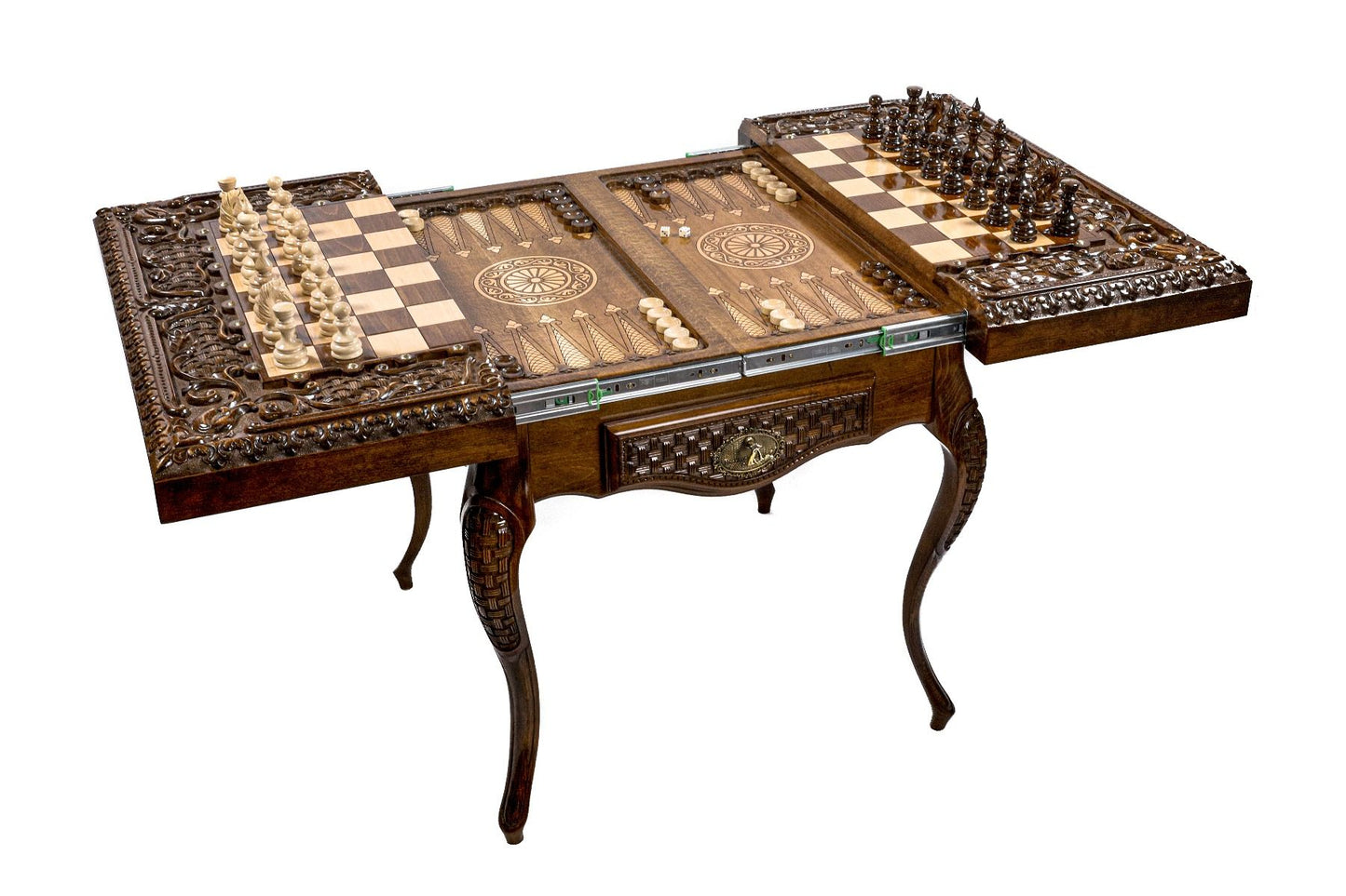 Detailed image of the hand-polished surface of the 'Opulent Dual-Play' table, showing the contrast between the chess and backgammon sides.