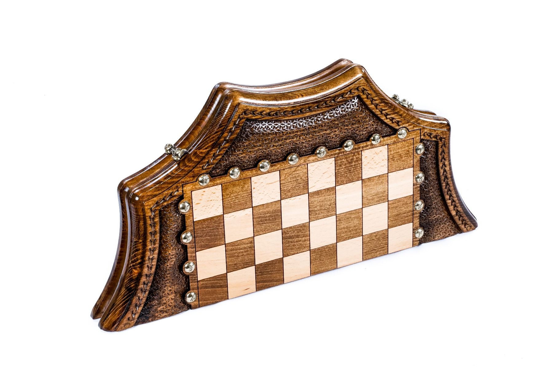 Engage in the timeless game of chess with a set that redefines elegance, featuring a star-shaped board and pieces enhanced with bronze details.