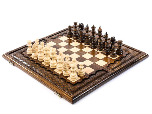 Luxury hand-carved chess set, showcasing unparalleled craftsmanship and unique design in every piece.