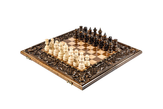 Artisanal handmade chess set, showcasing the elegance of hand-carved pieces and the luxury of strategic play.