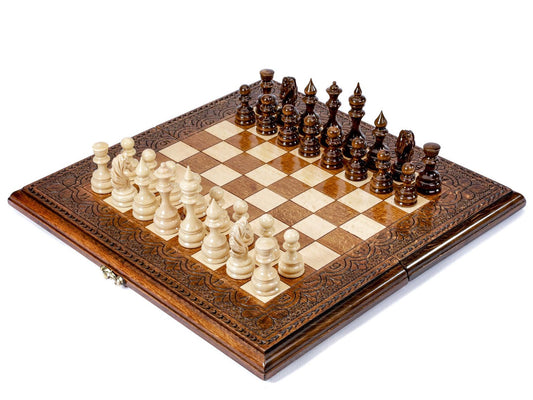 Unique wooden chess set, showcasing the elegance of handcrafted design and classic strategy in every piece.