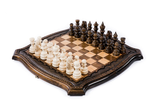 Handmade chess and backgammon set, featuring luxury hand-carved pieces and board, perfect for discerning game lovers.