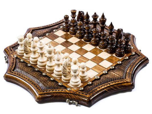 Luxury hand-carved wooden chess set with star-shaped outline and bronze details, showcasing unparalleled craftsmanship and elegance.