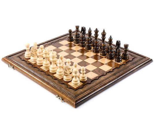 Exquisite hand-carved luxury chess set, showcasing unparalleled craftsmanship and unique handmade elegance in every piece.
