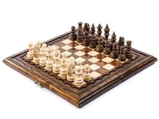 Carved handmade chess and backgammon set, showcasing unparalleled craftsmanship and unique design for a dual-game experience.