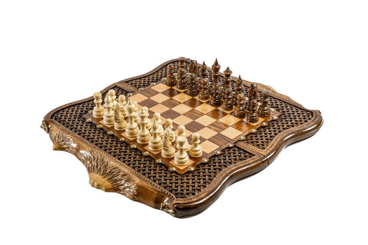 Luxurious handmade chess set featuring the iconic outline of Mountain Ararat, enhanced with fine bronze details for a touch of elegance.