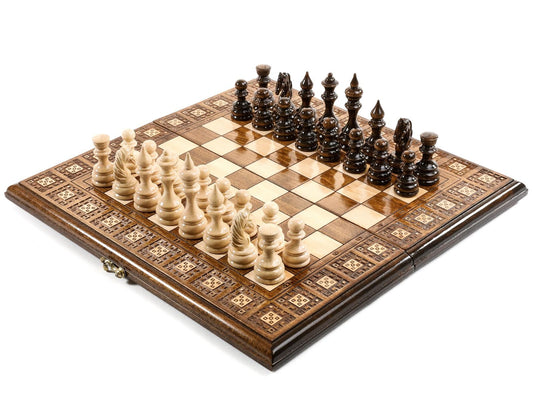 Unique chess set featuring an intricate carpet pattern, showcasing the fusion of traditional artistry and strategic gameplay.