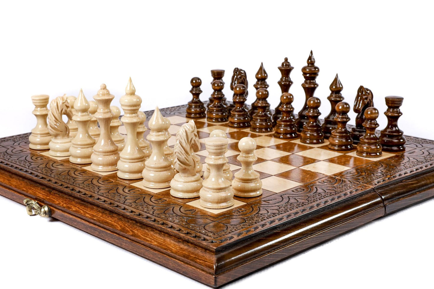 Dive into the world of chess with a set that combines classic gameplay with unique, artisanal craftsmanship on a wooden canvas.