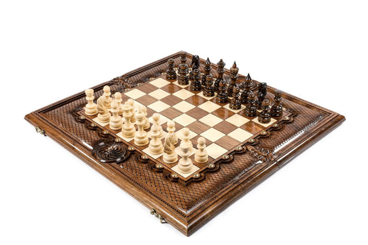 Luxury handmade chess and backgammon set with intricate bronze details, showcasing the pinnacle of gaming elegance and craftsmanship.