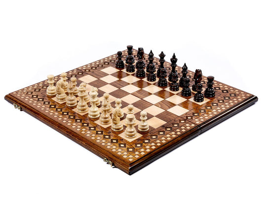 Unique Armenian carpet pattern wooden chess set, showcasing the fusion of traditional artistry and strategic gameplay.