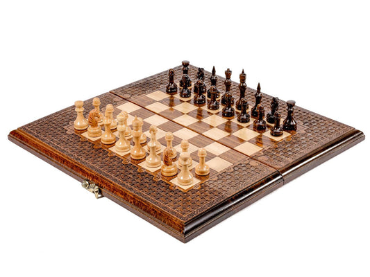 Unique wooden chess and backgammon set, showcasing artisan craftsmanship in a luxurious dual-game design.