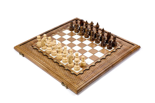 Luxury handmade chess set with epoxy finish, showcasing carved classic designs for a unique blend of tradition and modern artistry.