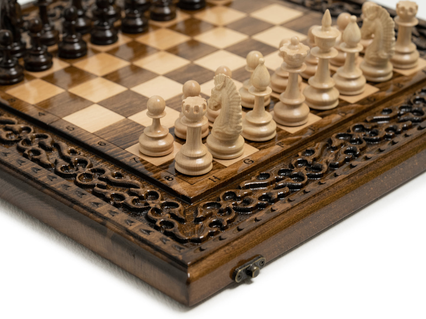 Handcrafted chess set featuring intricate woodwork