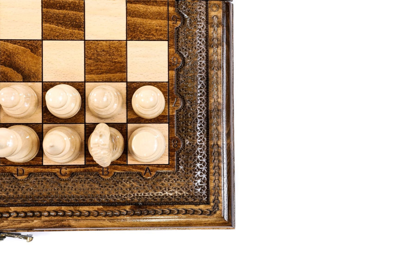 A testament to skilled craftsmanship, this unique set invites players to explore chess and backgammon within a framework of unparalleled beauty.